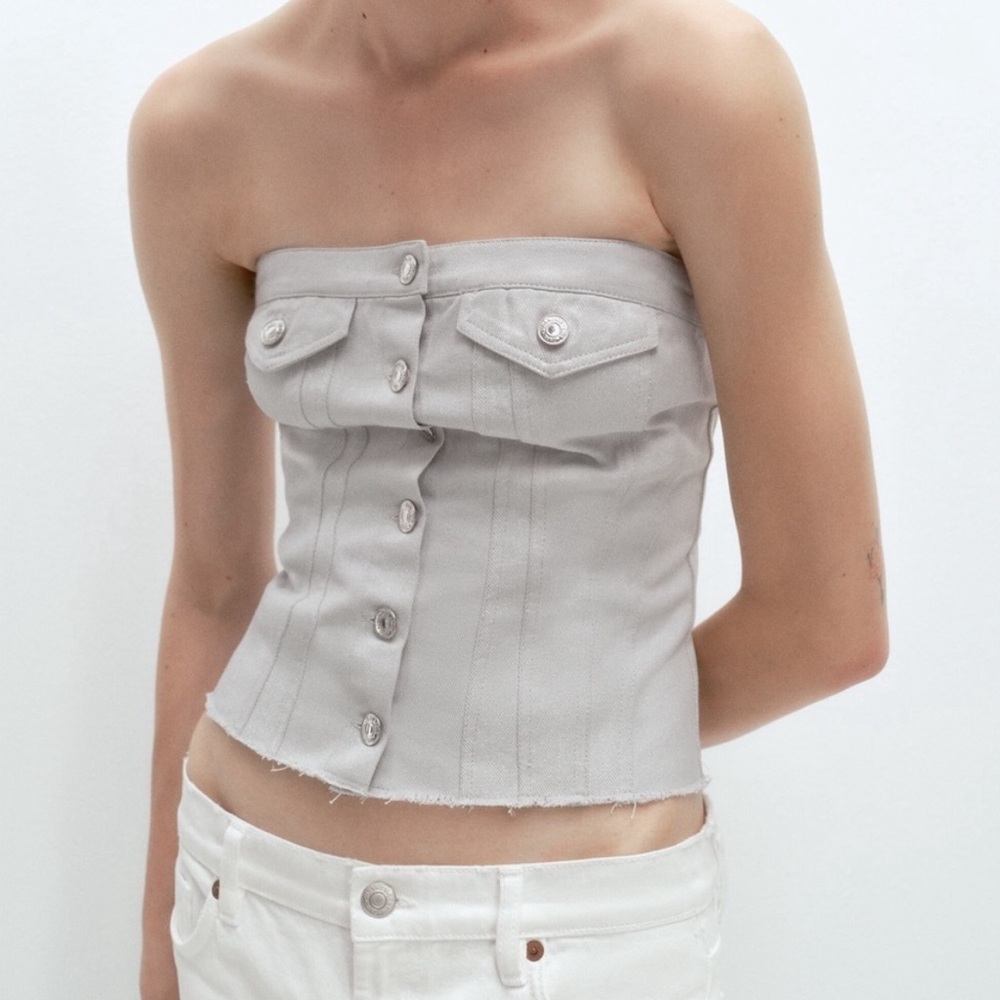 Zara demin glitter button down strapless top-NWT